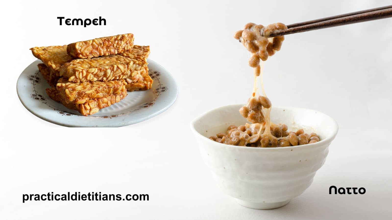 tempeh triangles on plate and natto in bowl