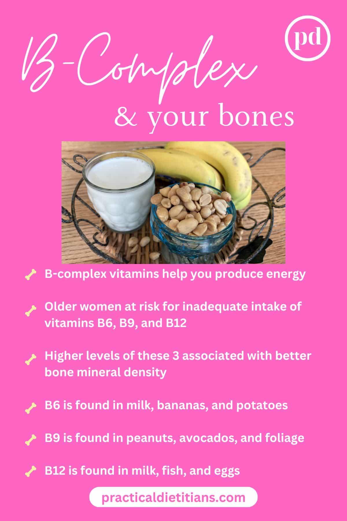 infographic on B vitamins and bones with picture of bananas milk and peanuts