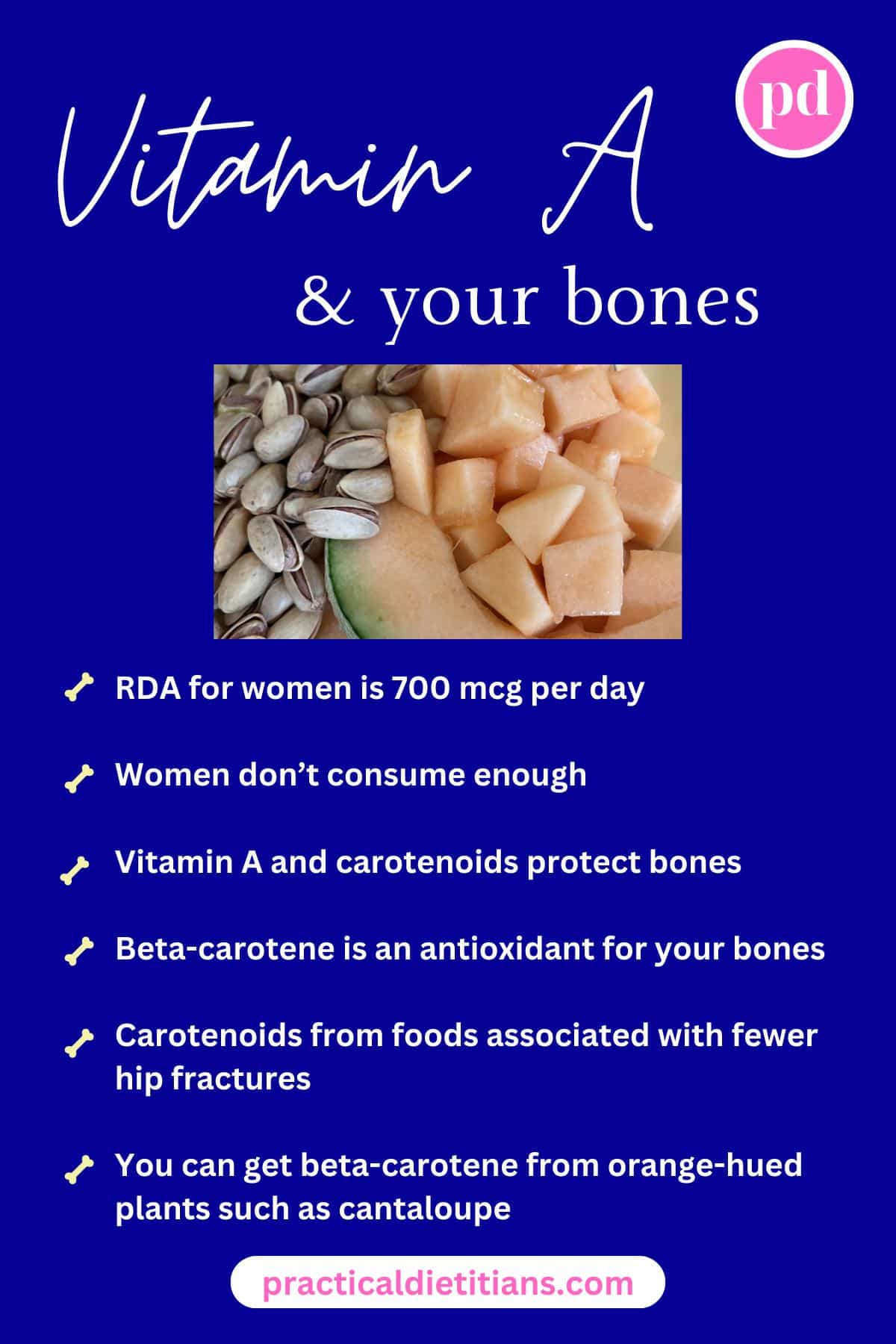 infographic  of vitamin A with a picture of cantaloupe and pistachios with bullet points highlighting benefits of vitamin A and beta-carotene