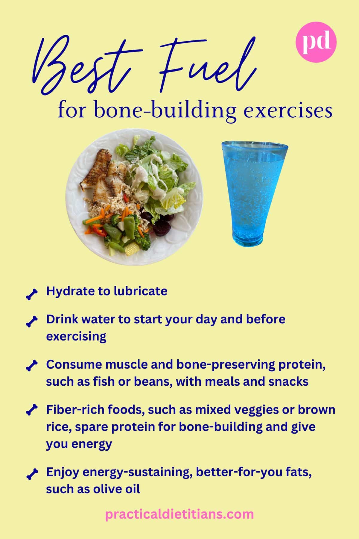 infographic with plate of food and glass of water with tips on fueling bone-building exercises