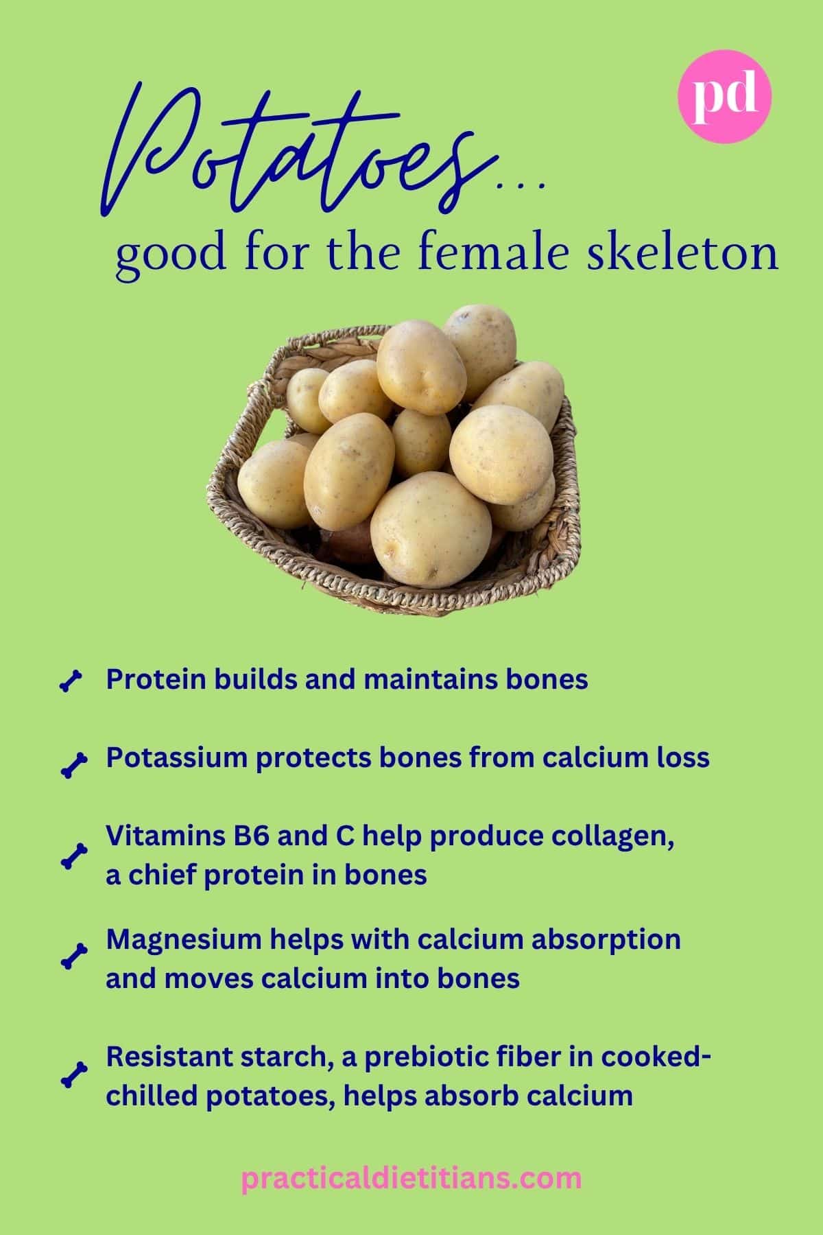 infographic with picture of potatoes in a straw basket listing nutrients found in potatoes that are good for women