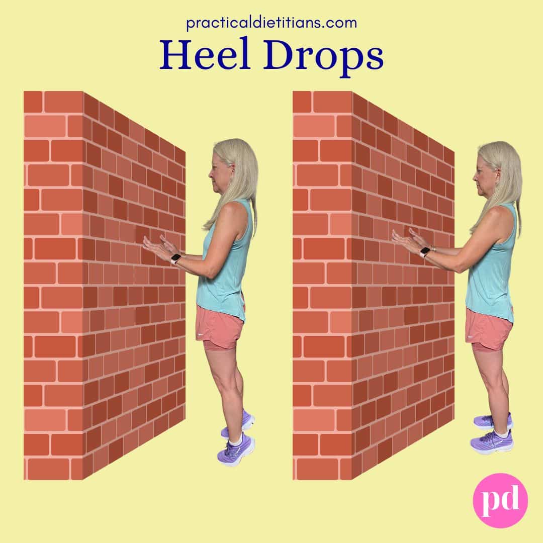 female demonstrating heel drop exercise
